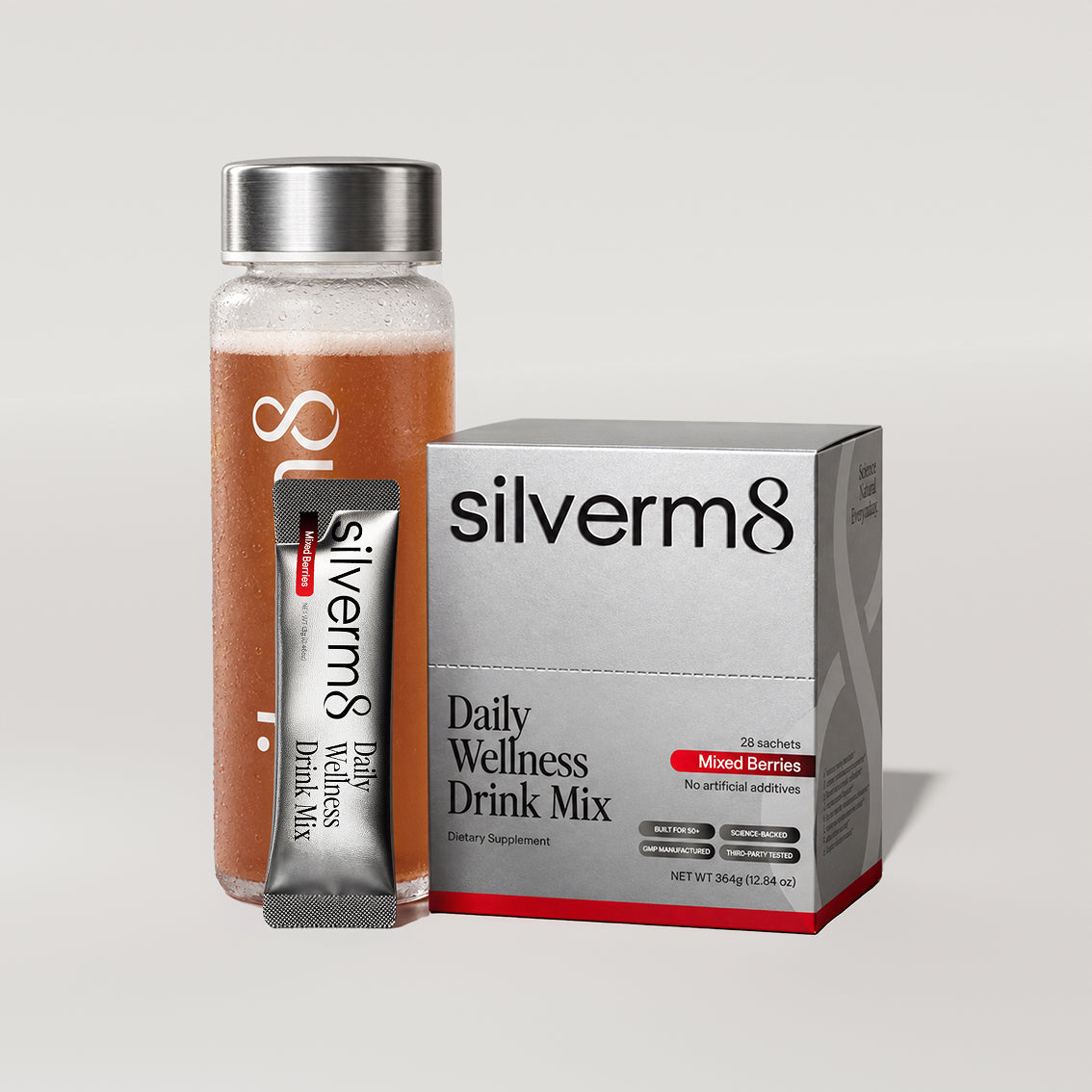 SilverM8 sachet with glassware